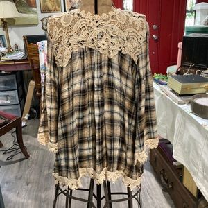 Indigo Threads plaid top with lace detail.